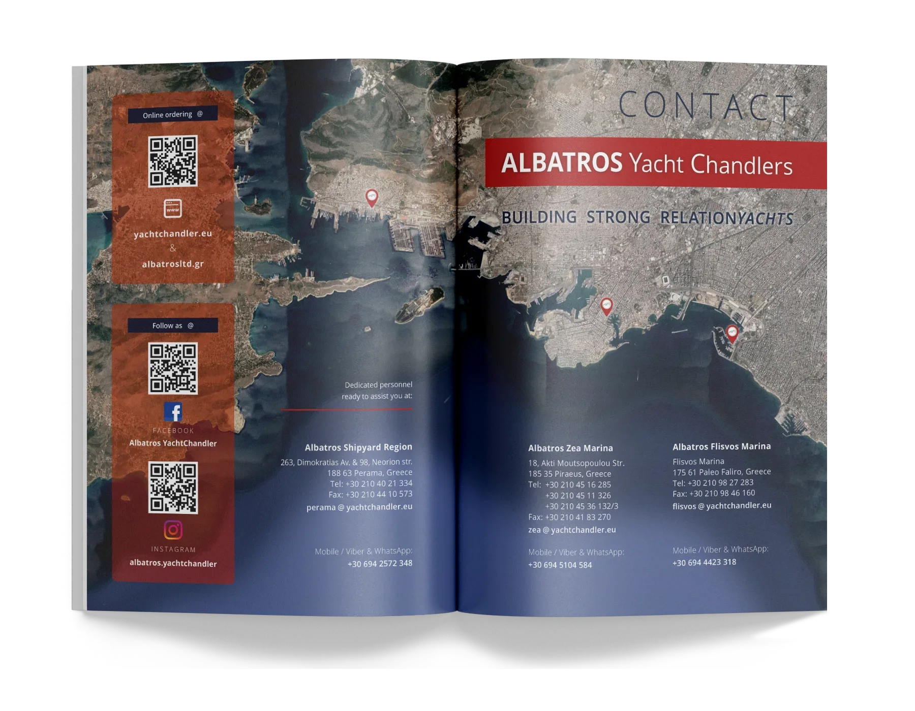 Branch location map for a marine products company // Spread for the product catalog contact pages.